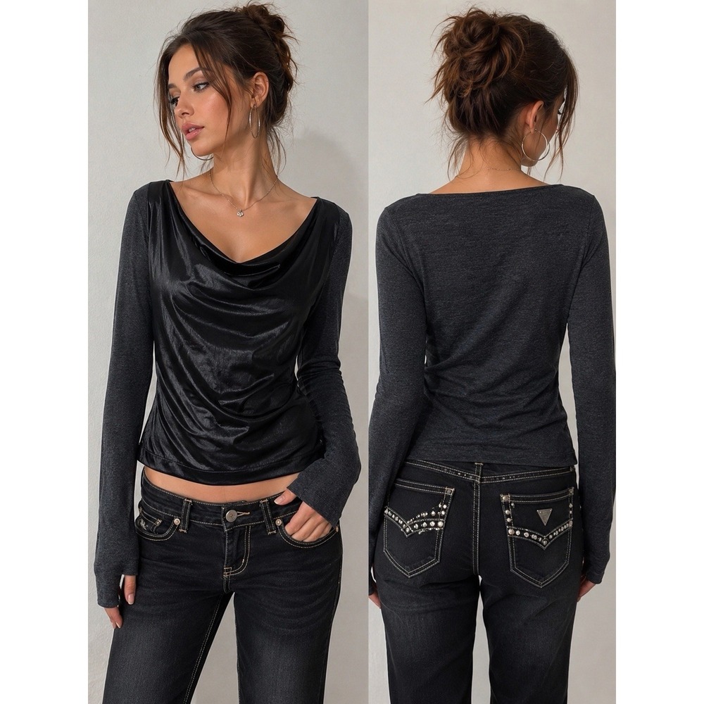 Guess LA Women's Cowl Neck Long Sleeve Satin Front Top Y2K Mixed Media